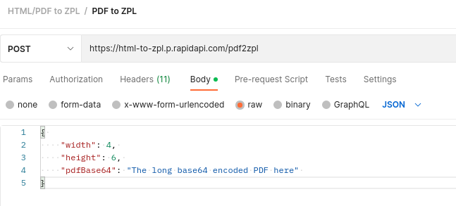 Postman Body for PDF to ZPL API