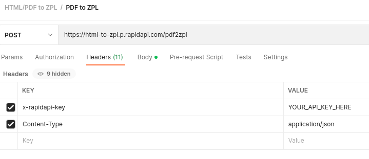 Postman Headers for PDF to ZPL API