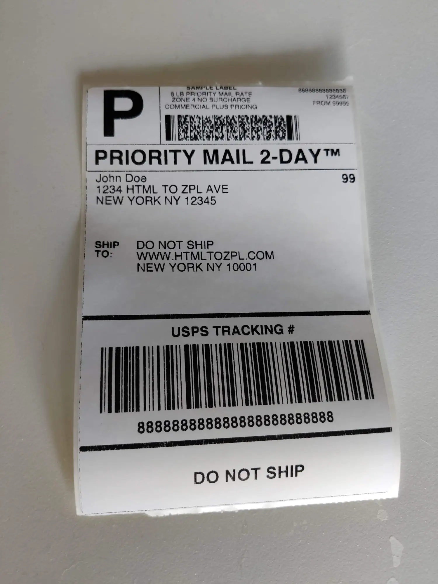 Sample Label printed on a Zebra label printer